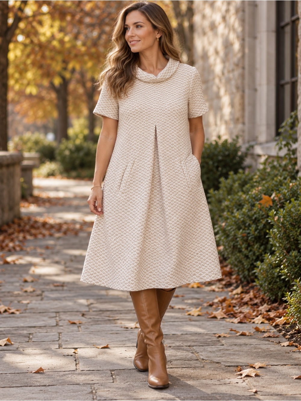 Tyler Boe Herringbone Tan Midi Dress ✨ $340 Retail Quiet Luxury Peter Pan Collar
